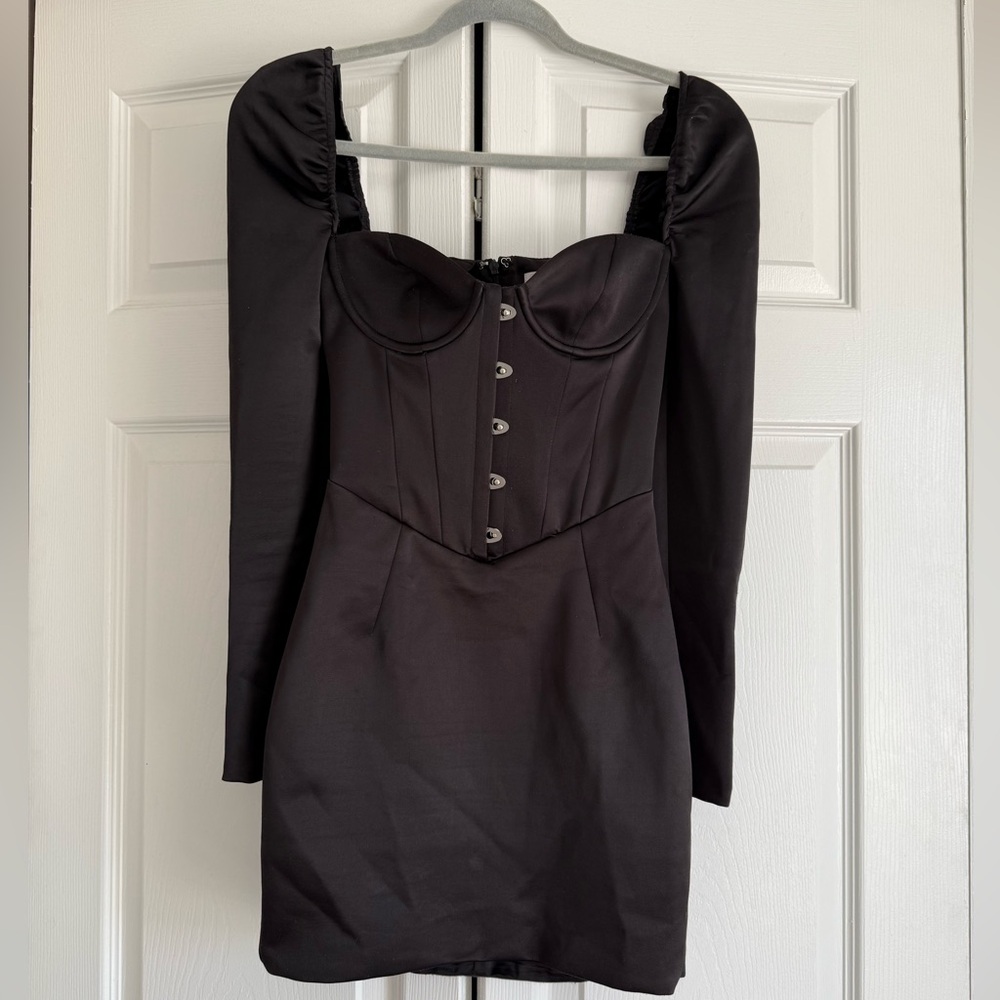 Oh Polly Black dress with brass front hooks and long sleeves